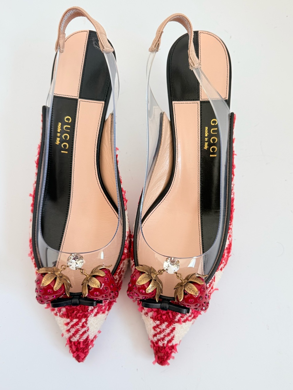 Gucci Eleanor Strawberry Tweed Crystal PVC Bamboo Slingback Pumps 39 - Picture 2 of 9
